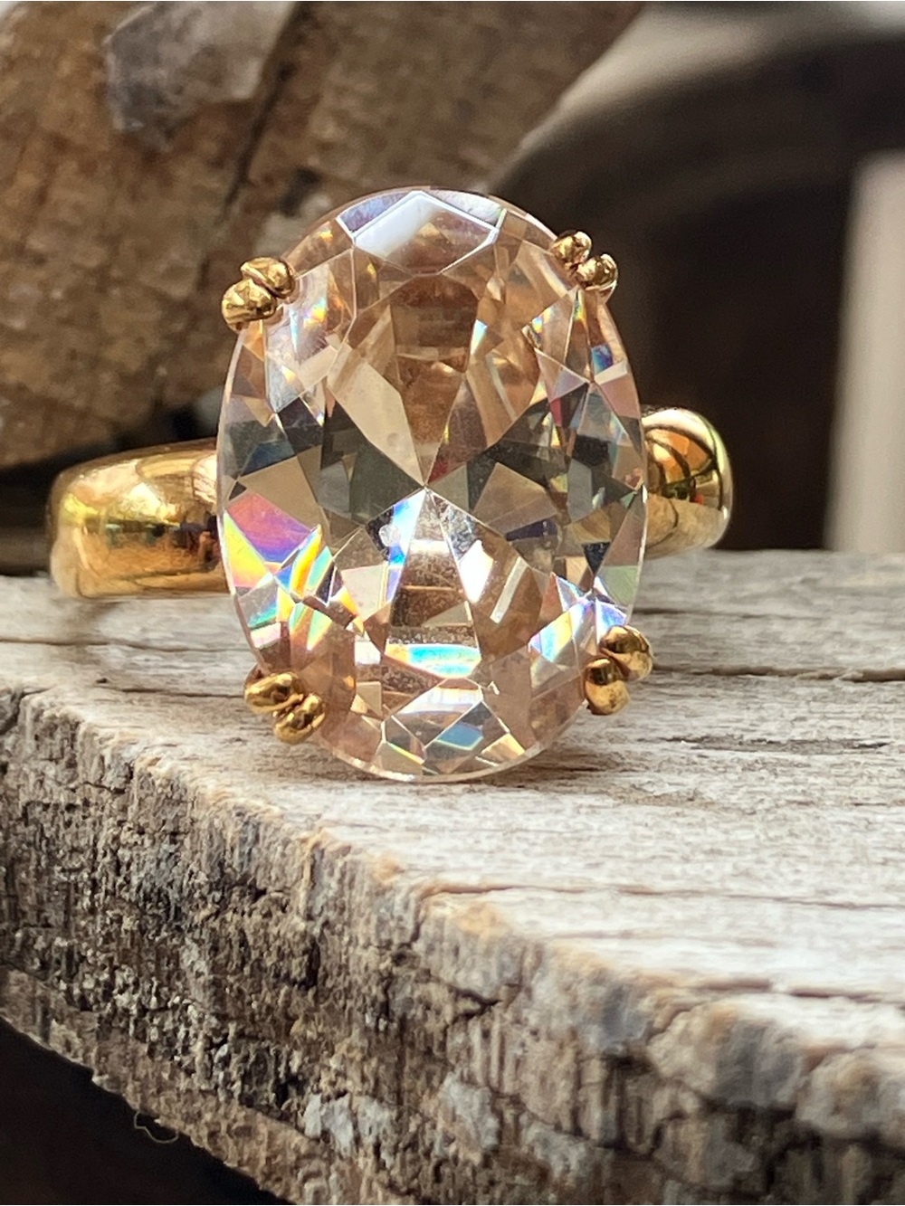 LARGE Champagne CZ Cocktail Solitaire Ring Gold Plated